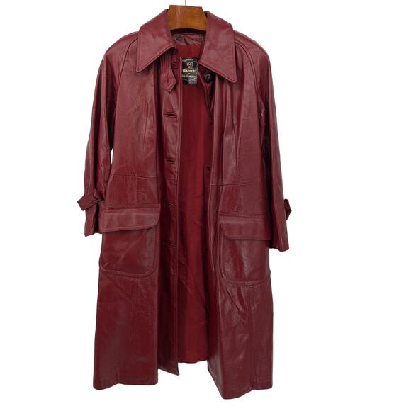 Vintage 24K Leather by Dan di Modes Burgundy Belted Trench Coat Women’s Size 14 - Picture 4 of 8
